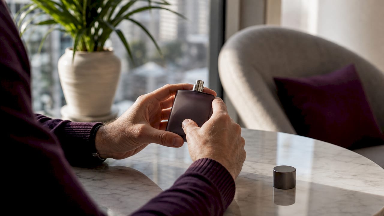 Unas manos examinan y comparan distintos perfumes sobre una mesa