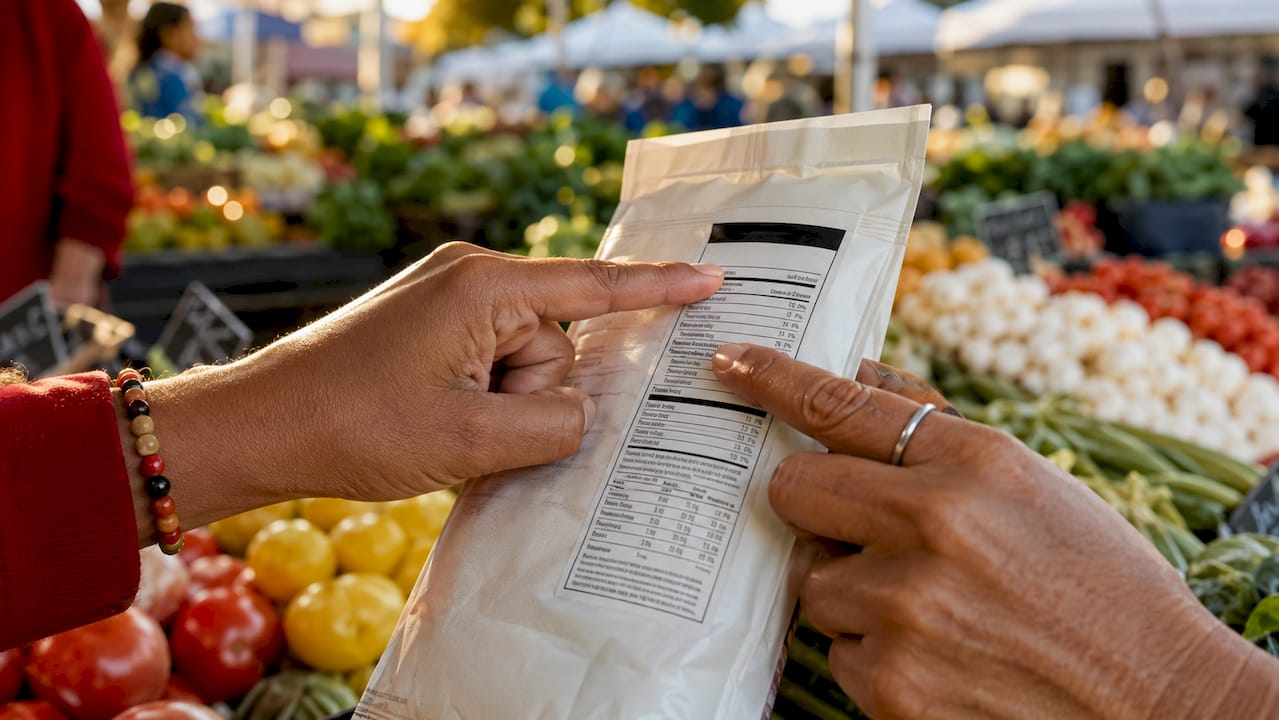 Hands pointing to nutrition label key parts