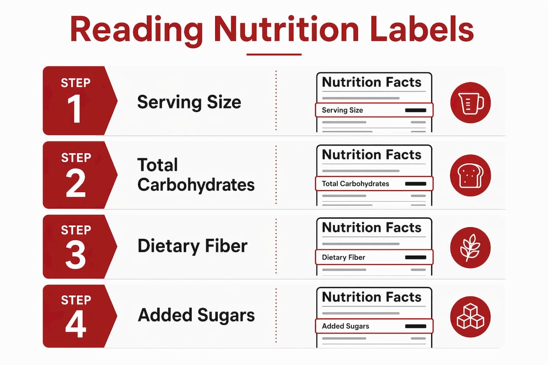 Infographic illustrating steps to read nutrition labels