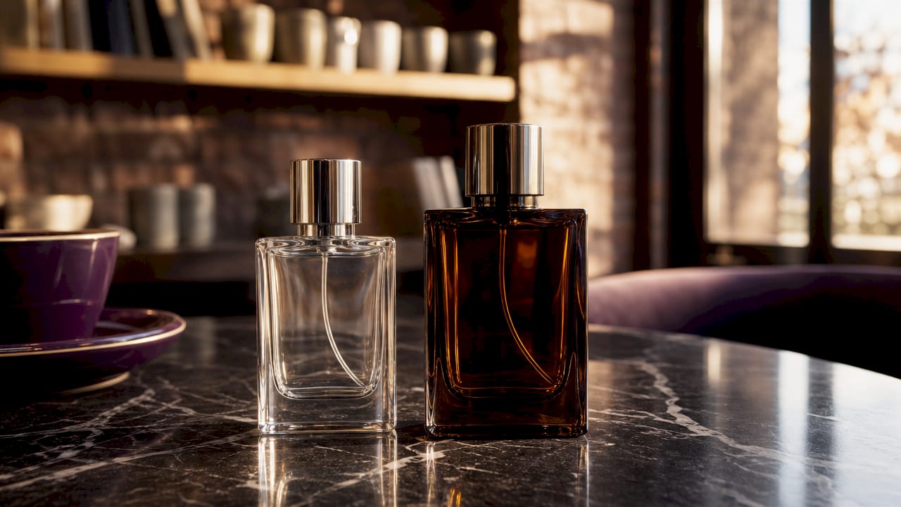Deux flacons, l’un Eau de Cologne et l’autre Eau de Parfum, sont posés sur une table dans la boutique.
