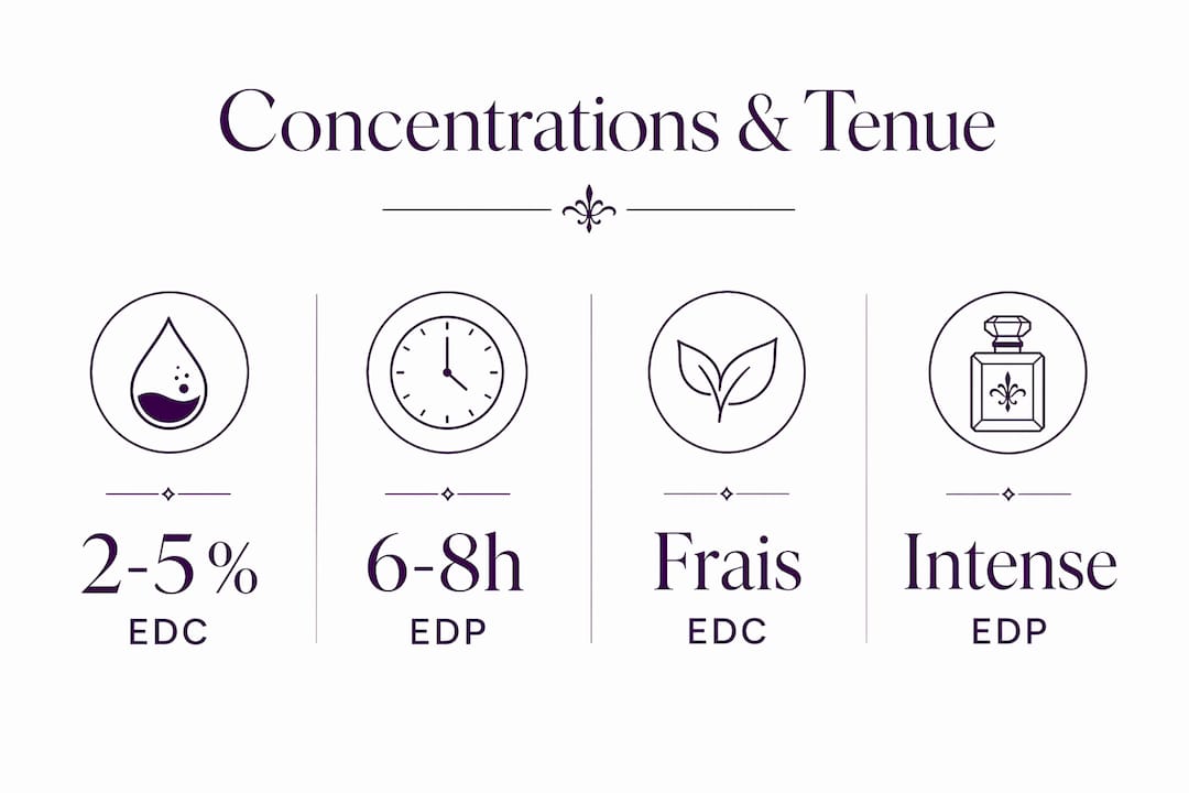 Infographie sur les différentes concentrations de parfums et leur tenue : Eaux de Cologne (EDC) vs Eaux de Parfum (EDP)