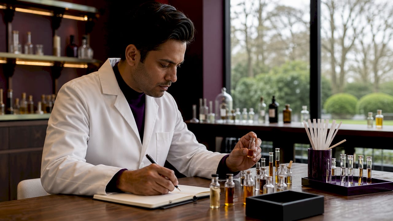 Perfumer analyzing scent compounds in historical fragrance lab