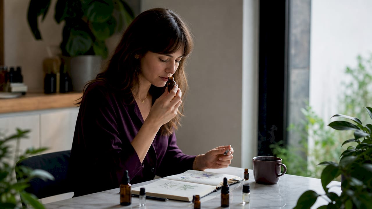 Des mains de femme délicatement plongées dans la découverte de parfums d’huiles essentielles.