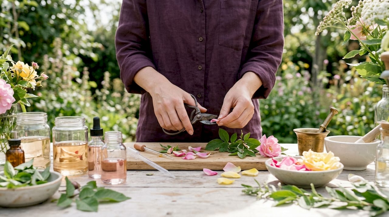 Unas manos seleccionan y preparan ingredientes frescos para crear un perfume artesanal.
