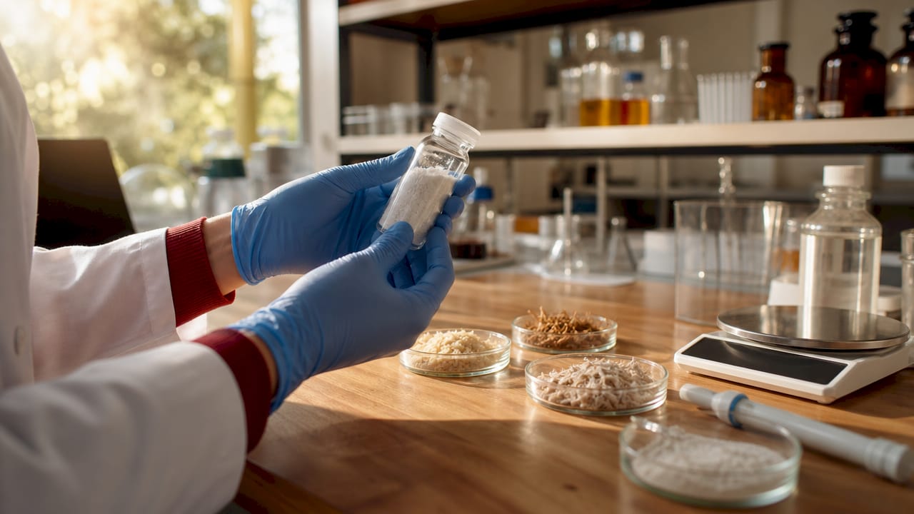 Scientist handling inulin fiber powder in lab