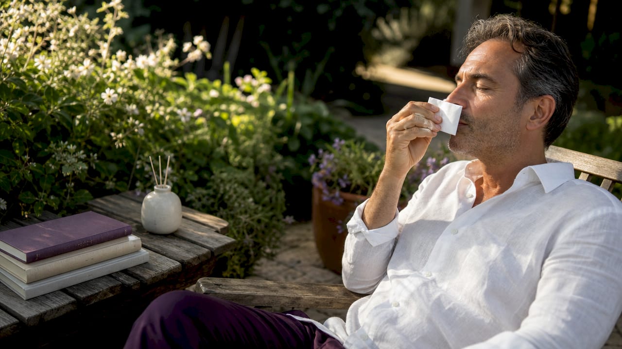 Man slow inhaling calming fragrance at desk