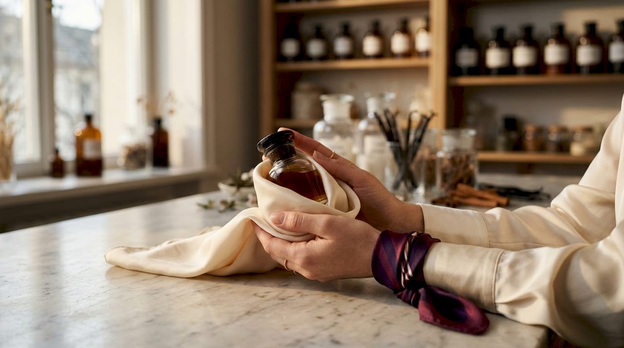 Unas manos sostienen un perfume artesanal cuidadosamente envuelto en un delicado pañuelo de seda.