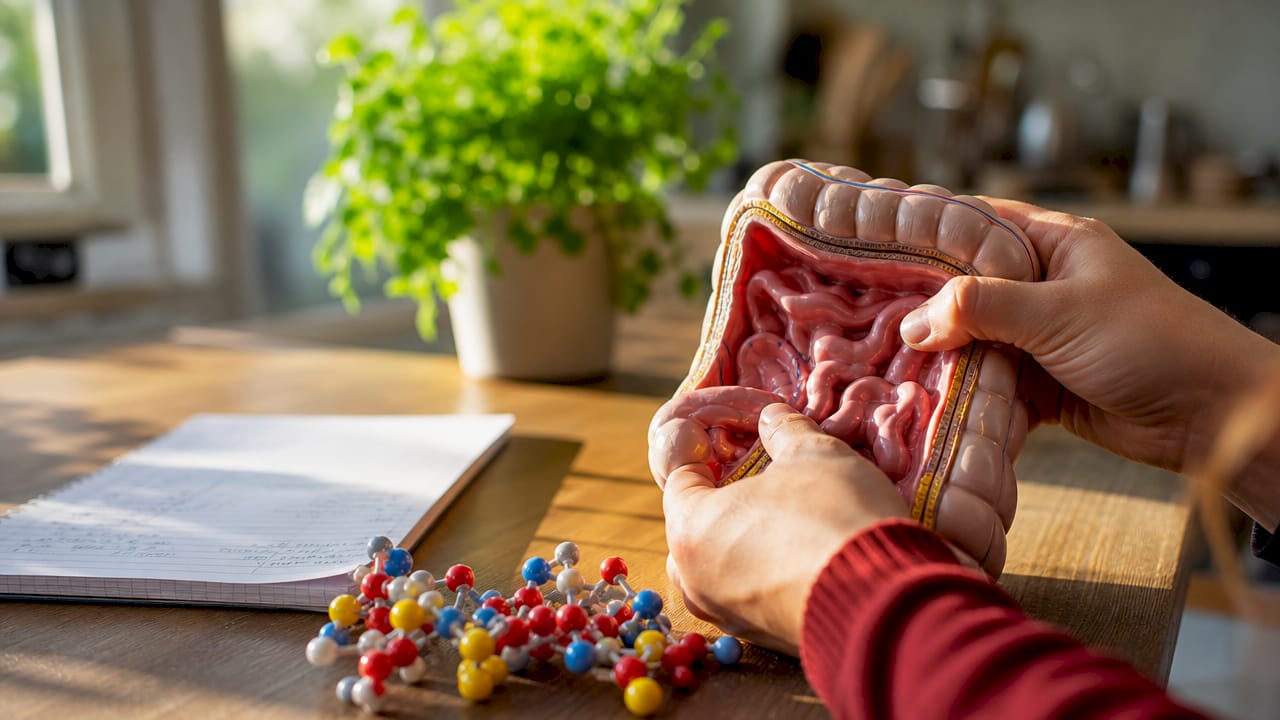 Hands holding intestine model demonstrating sugar absorption