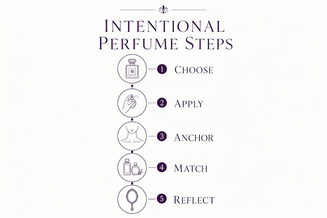 Infographic showing five key steps of intentional perfume wearing