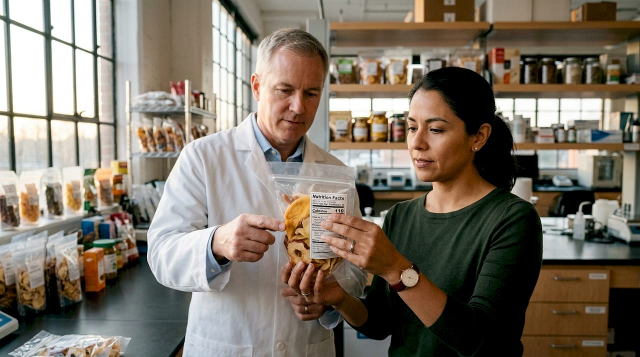 Hands inspecting food package label