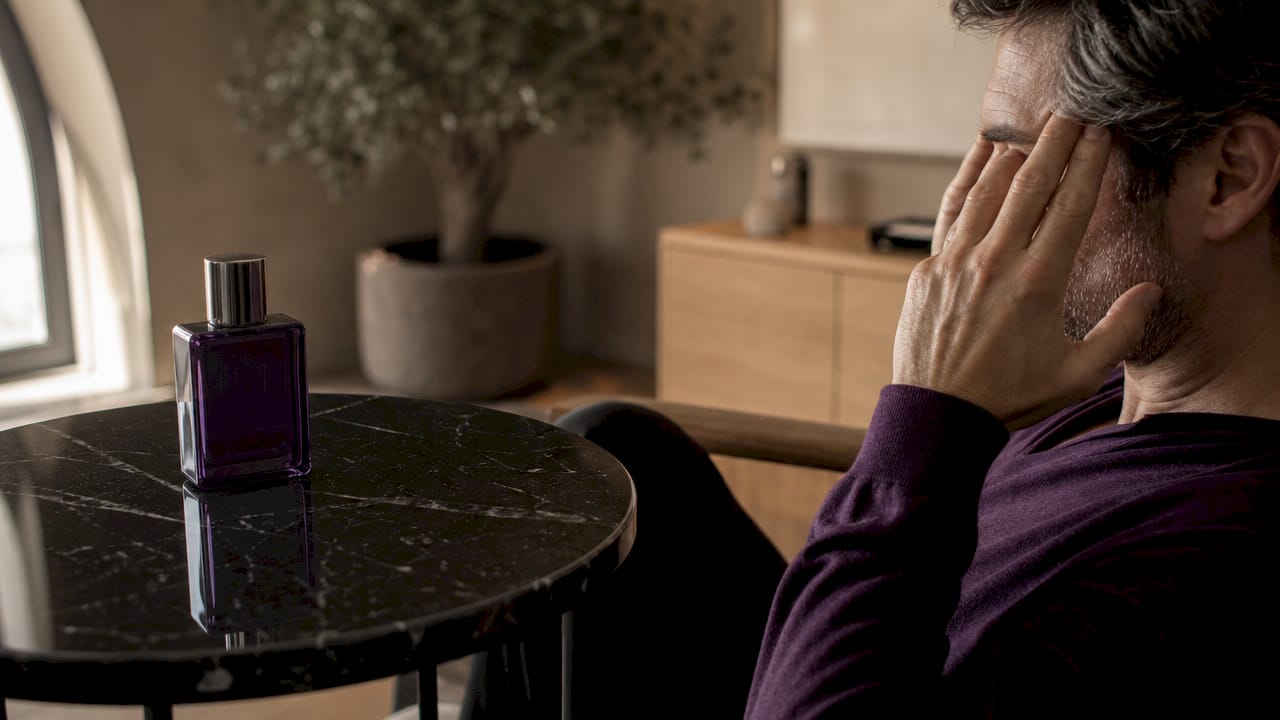 Les mains viennent masser les tempes, tandis qu’un flacon de parfum repose élégamment sur le bureau.