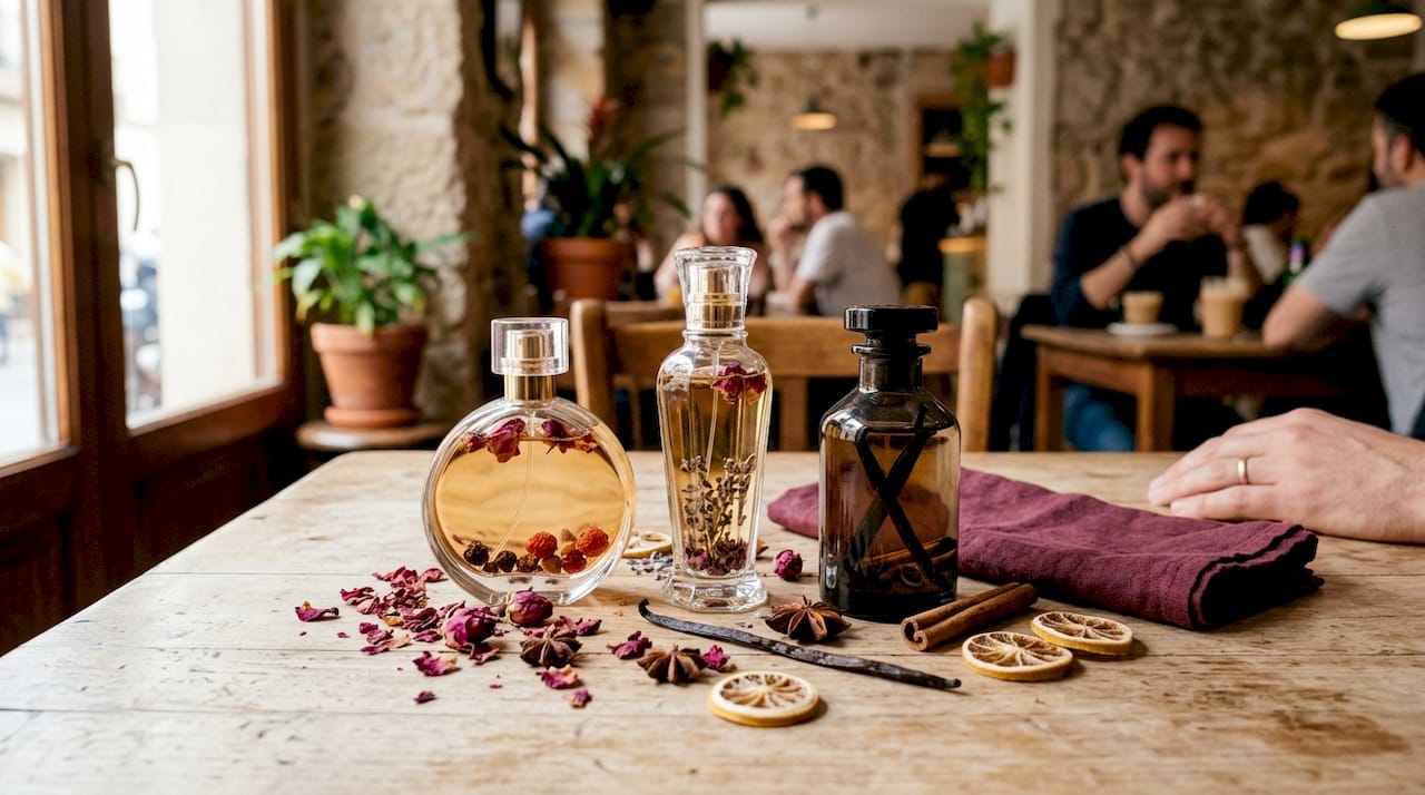 Detalle de frascos exclusivos de perfumes y una variedad de ingredientes naturales, todos capturados en primer plano para resaltar su diversidad y sofisticación.