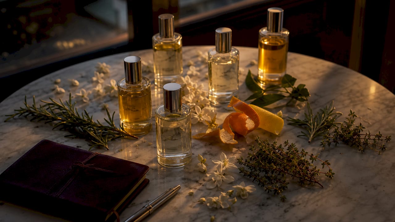 Flacons de parfums naturels mis en valeur au milieu de leurs ingrédients bruts