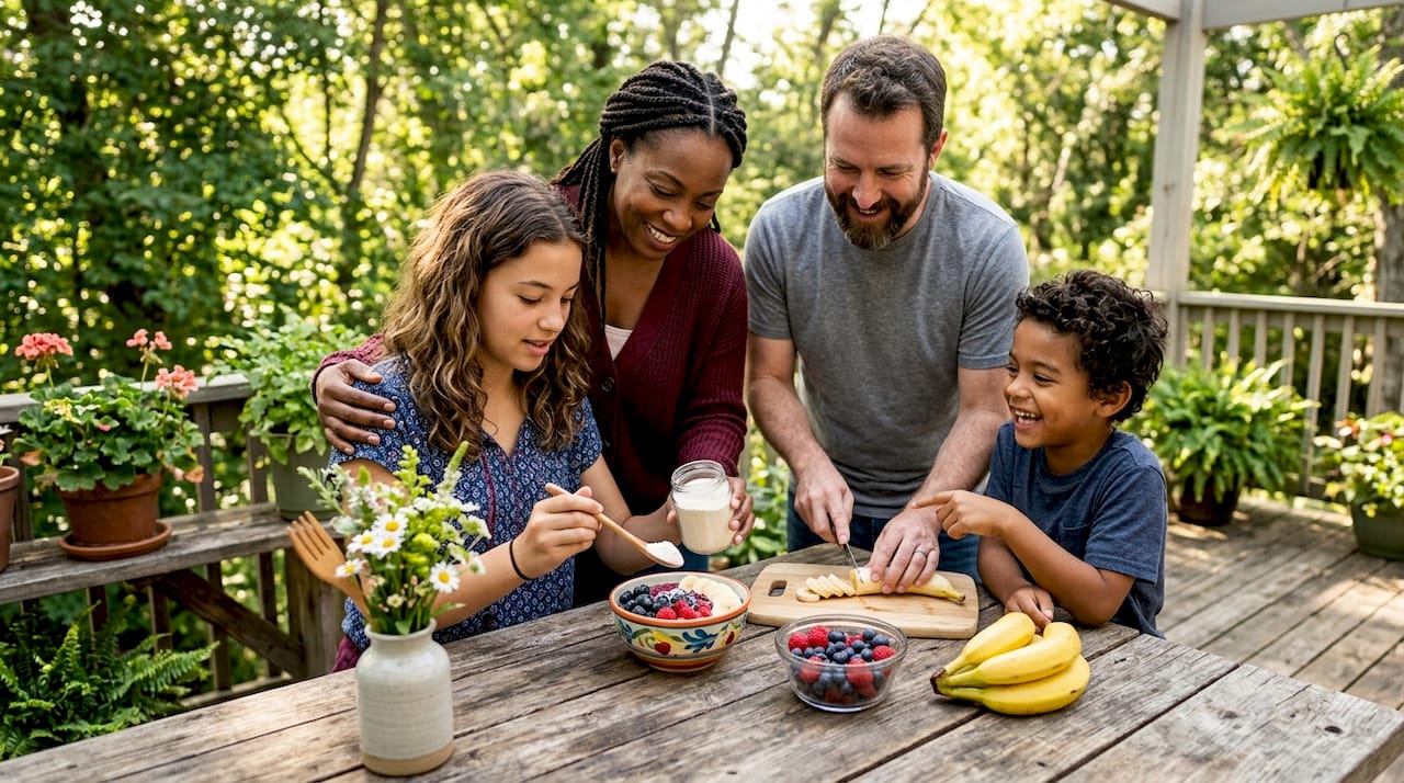 Family hands adding agave inulin to smoothie bowl