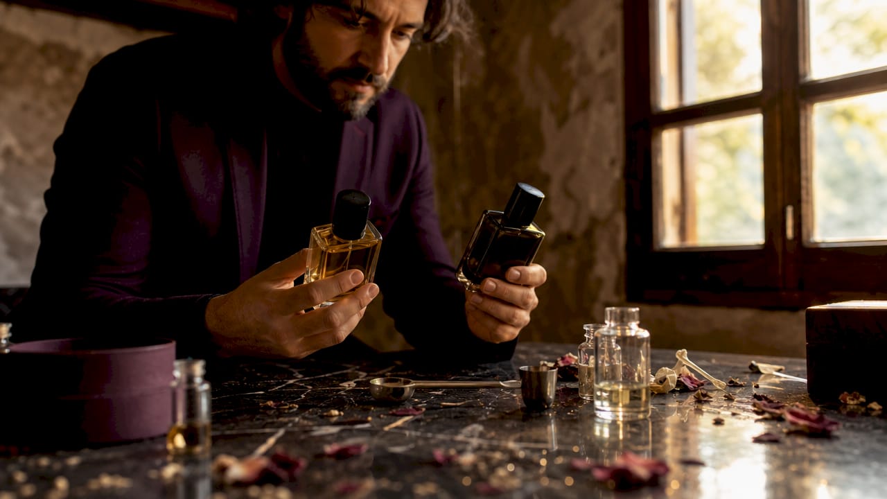 Varias manos muestran distintos frascos de perfume, cada uno con su propio estilo y aroma.