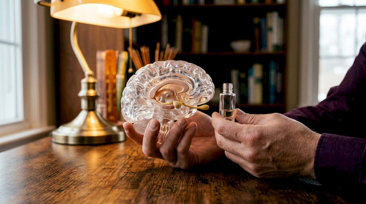 Hands holding brain model and perfume vial