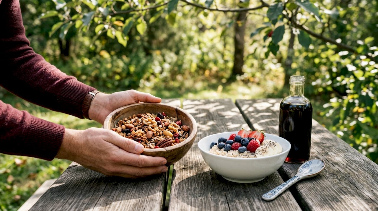 Hands holding granola bowl with oats and syrup nearby