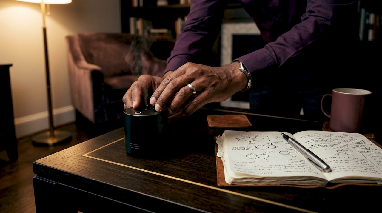 Unas manos interactúan con un dispositivo digital de aromas sobre una mesa blanca.