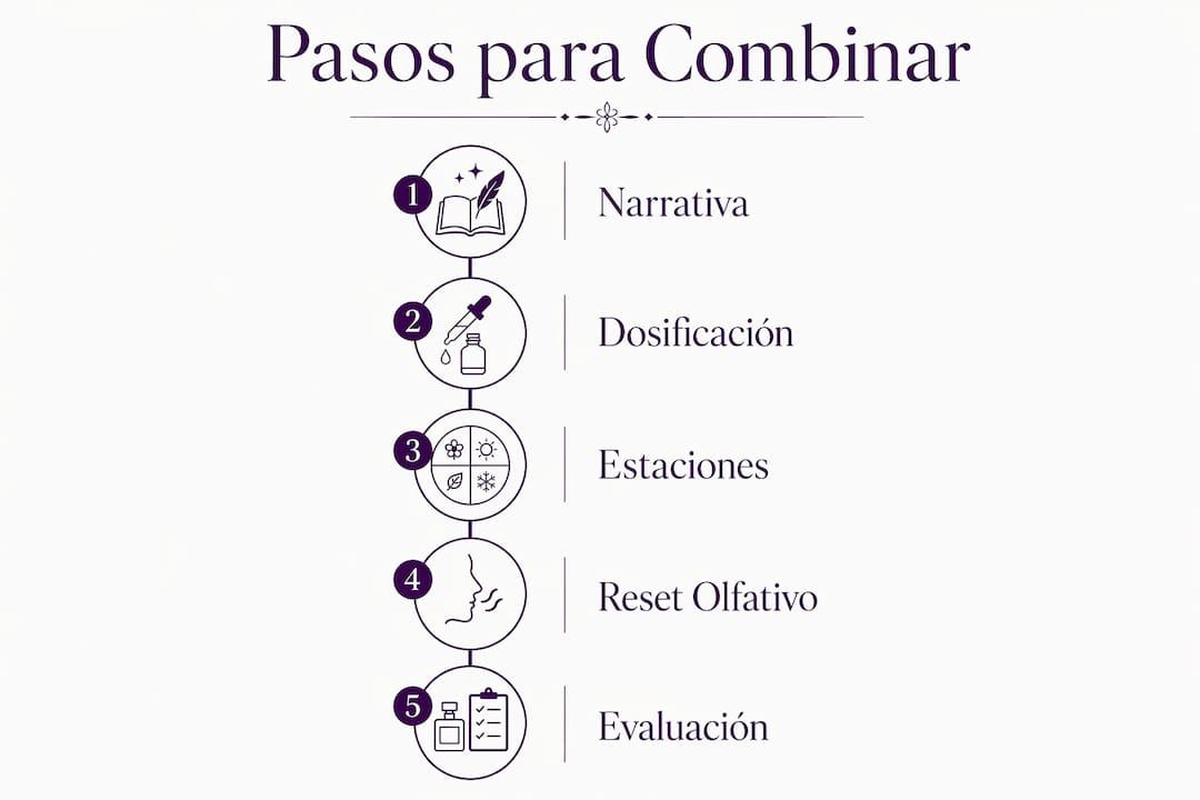 Guía visual con los pasos para crear una experiencia sensorial única combinando perfumes y elementos inmersivos
