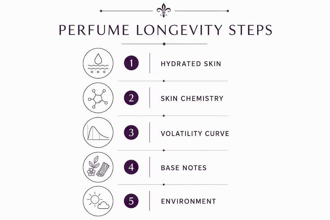 Infographic illustrating steps influencing perfume longevity