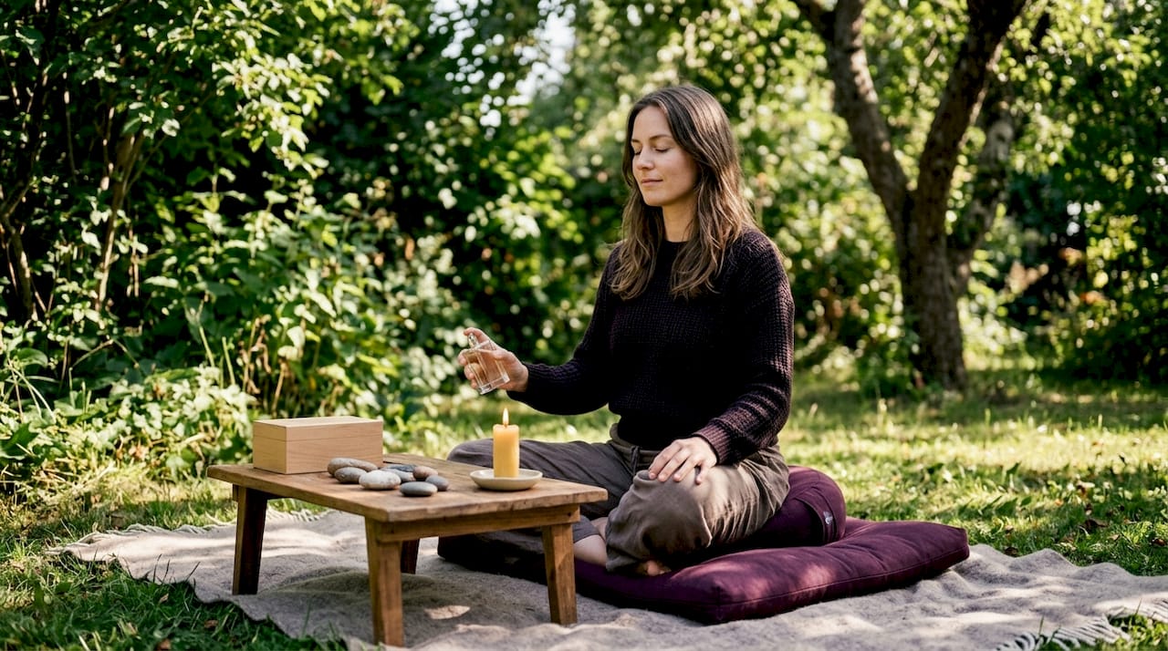 Hand holding perfume bottle over meditation altar