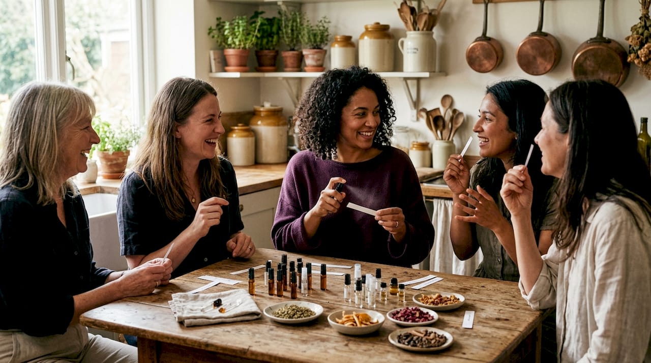 Des mains élégantes pulvérisent un voile de parfum artisanal pour en dévoiler toutes les nuances.