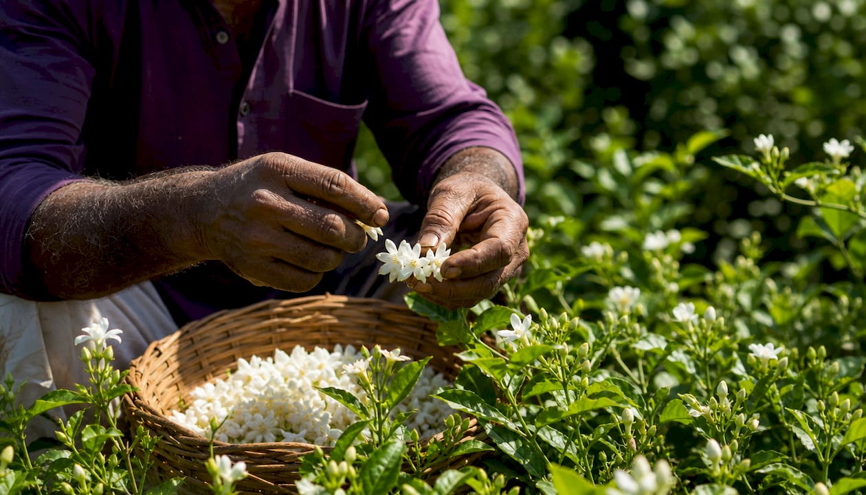Hands harvesting jasmine flowers at dawn