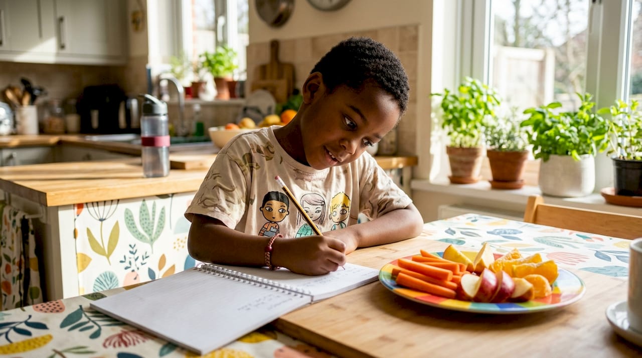 Child writing food diary at kitchen table