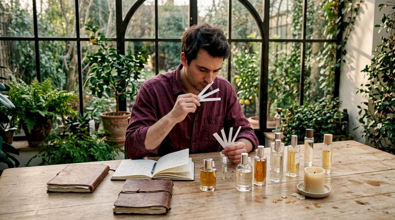Un homme découvre de nouveaux parfums dans une boutique de créateurs
