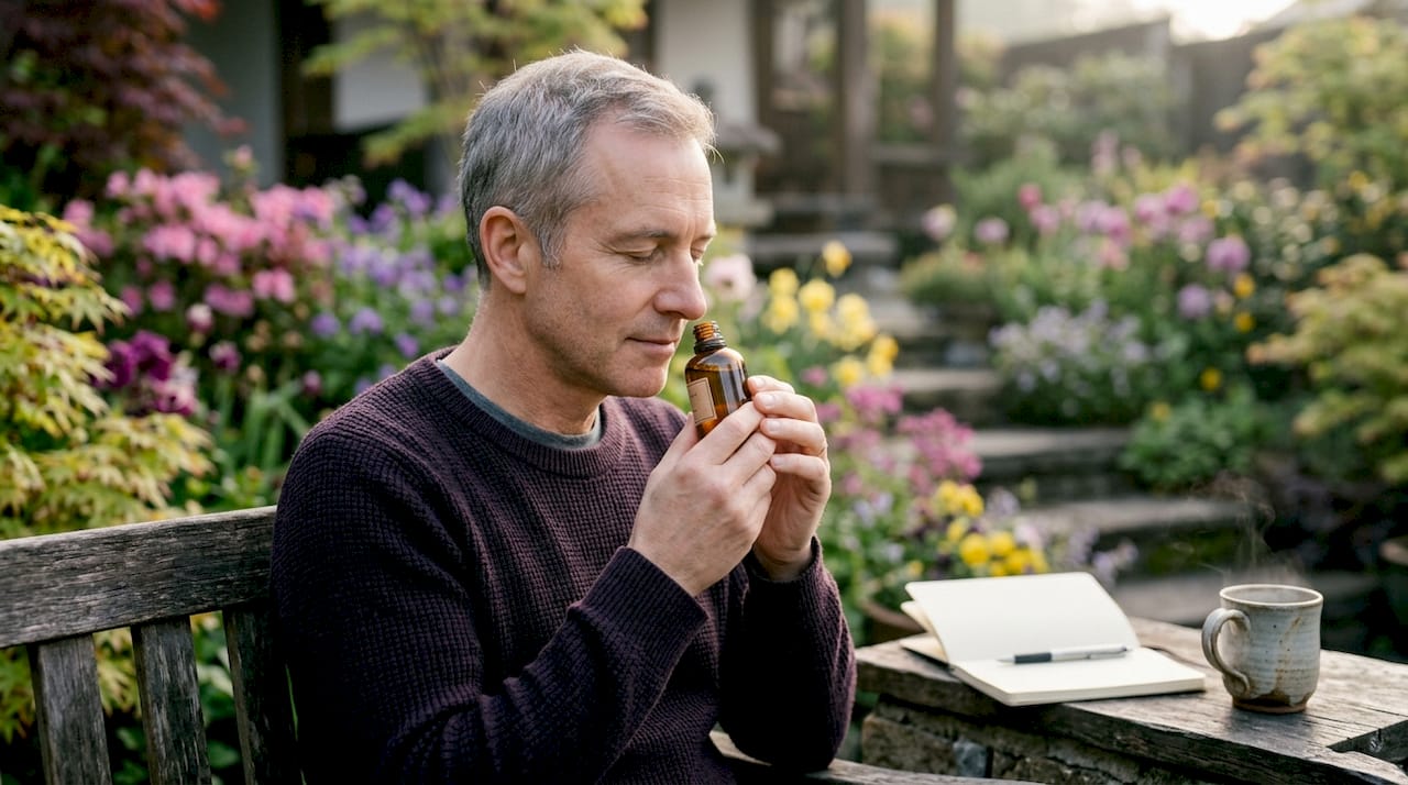Hombre disfrutando del aroma con los ojos cerrados en su estudio en casa