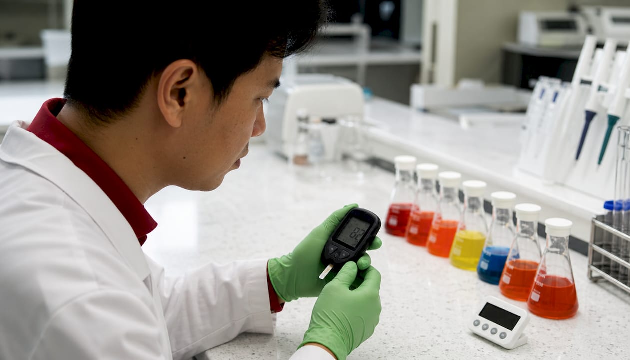Technician measuring blood glucose for glycemic index testing
