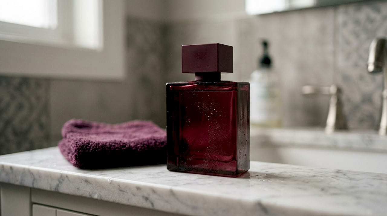 Close-up elegant dark purple perfume bottle