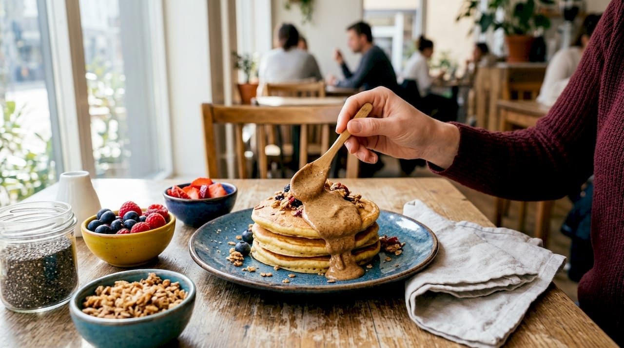 Hand spreading almond butter on vegan pancakes