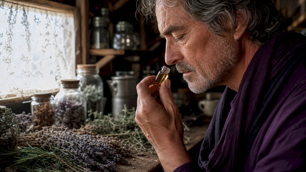 Perfumer smelling vetiver in workshop