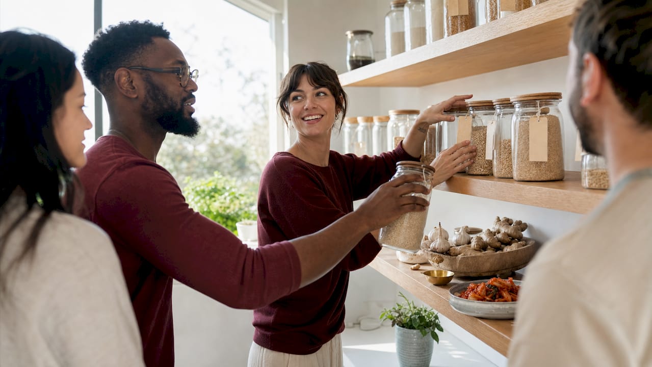 Hands arranging gut-healthy staples in pantry