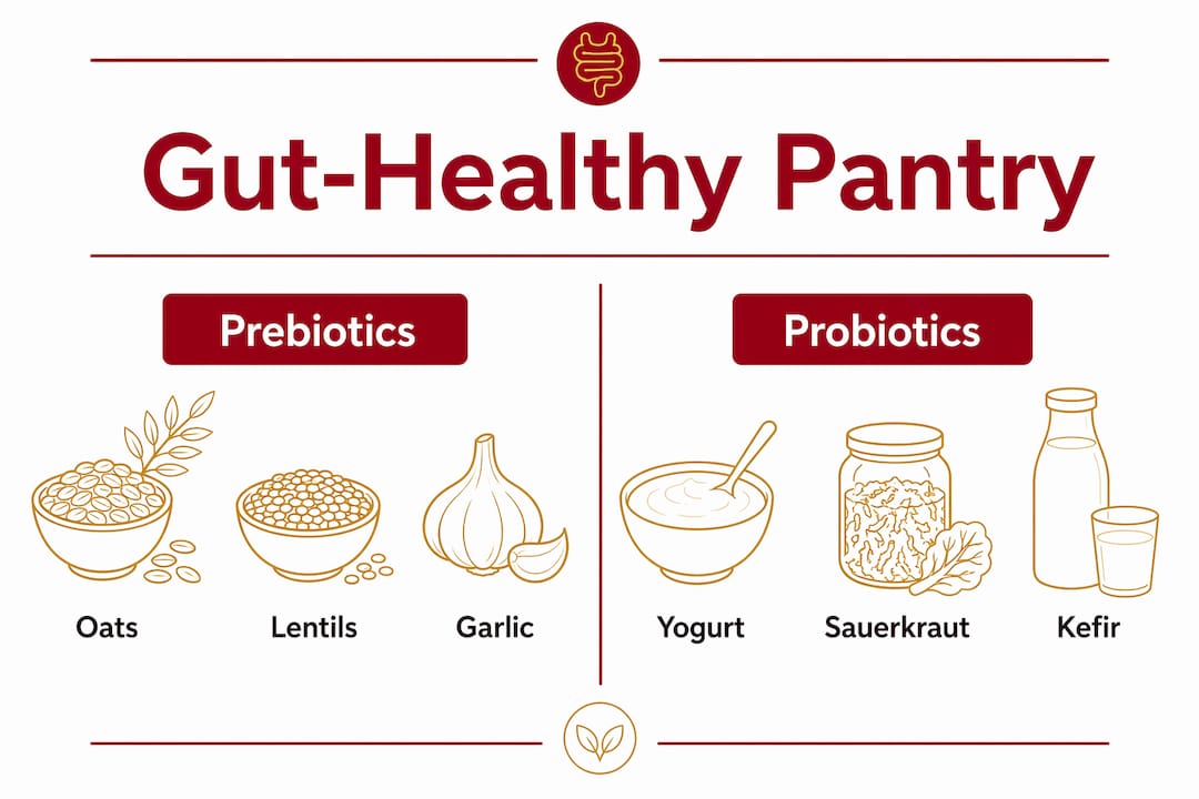 Infographic comparing prebiotics and probiotics pantry staples
