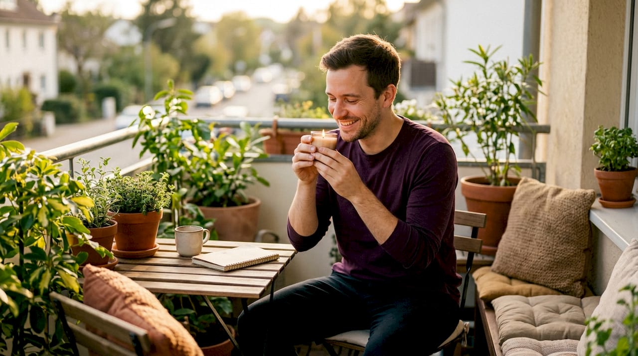 Man enjoying scent from candle at home