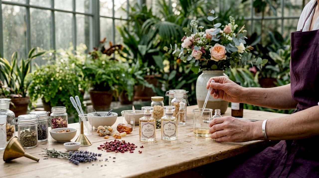 Gros plan sur l’élaboration artisanale d’un parfum, où les matières premières sont soigneusement assemblées.