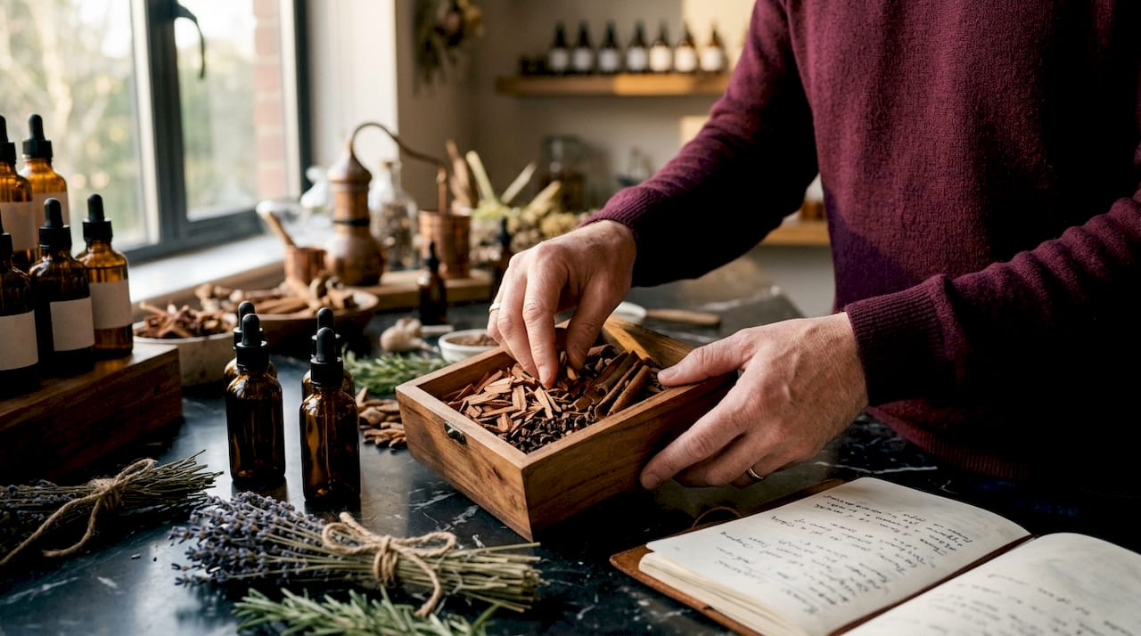 Manos trabajando con especias y maderas aromáticas para crear perfumes