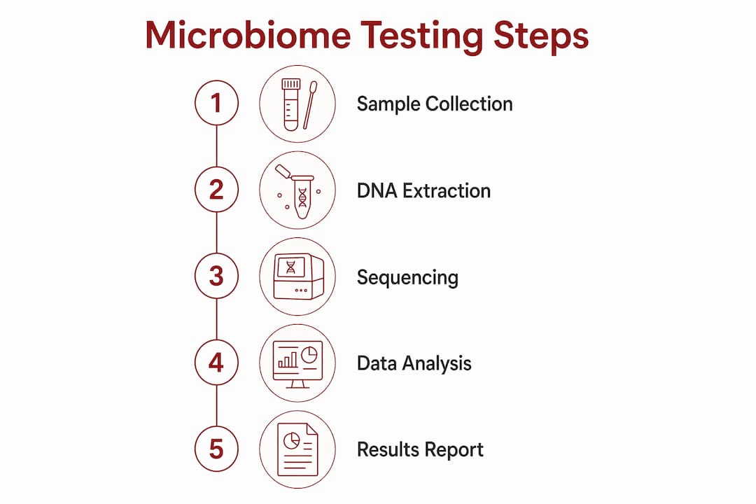 Infographic depicting five key microbiome testing steps in vertical flow