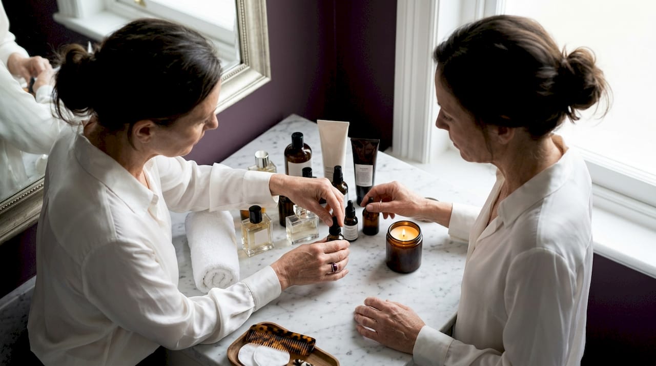 Manos acomodando y ordenando productos de belleza y cuidado personal