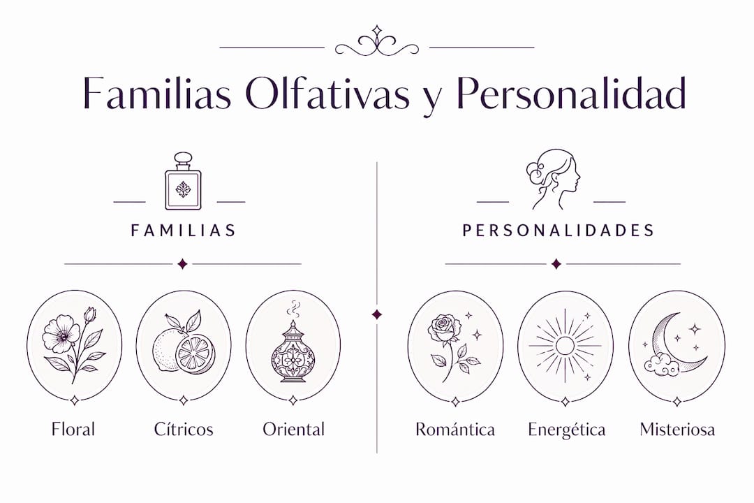 Infografía que relaciona las familias olfativas con diferentes tipos de personalidad