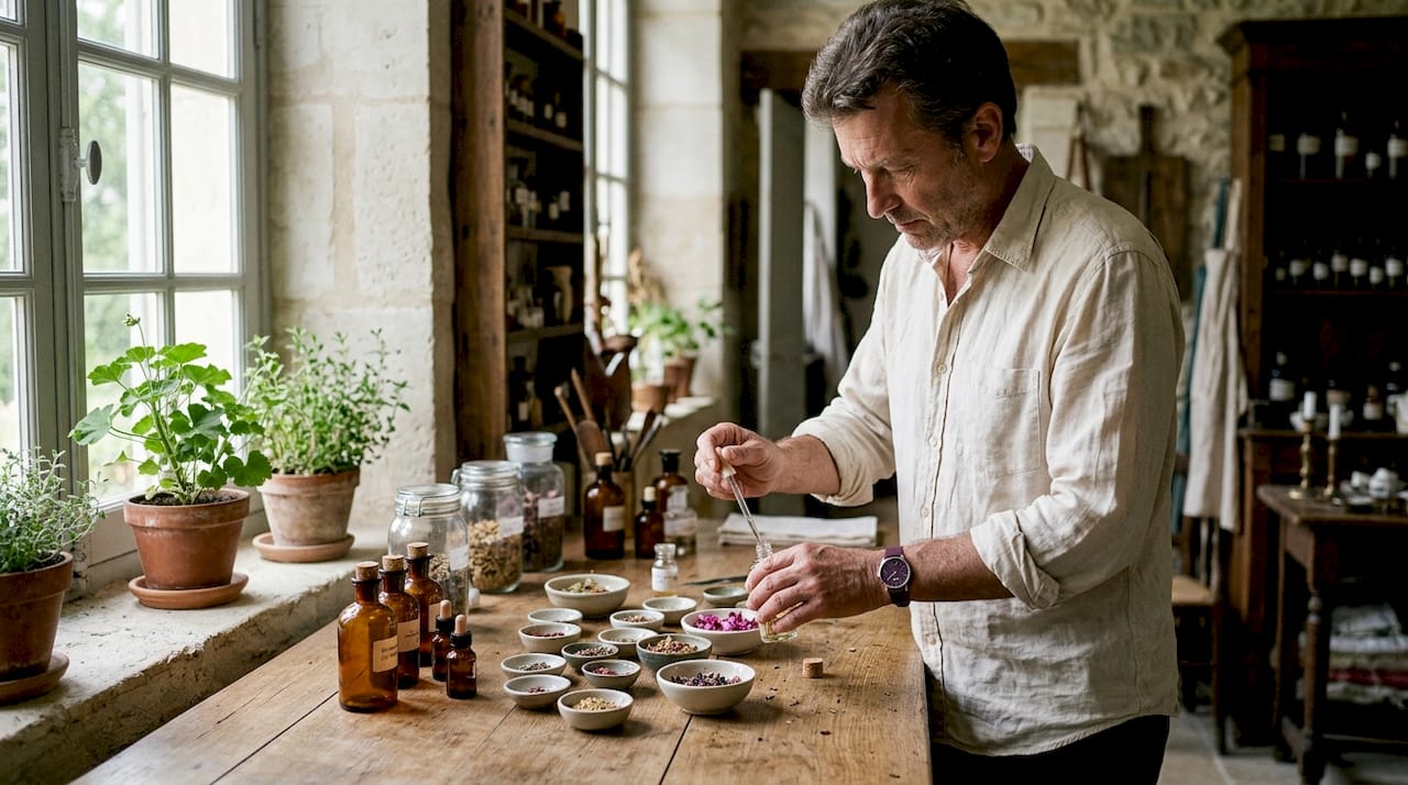 Un parfumeur qui compose des fragrances à partir d'ingrédients naturels