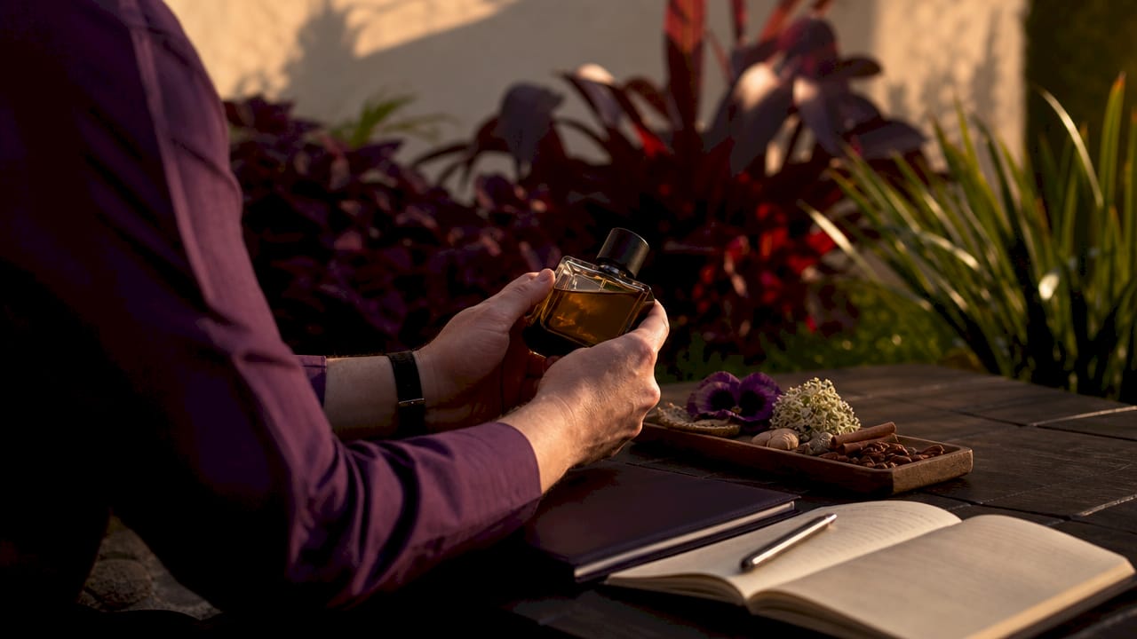 Manos explorando un perfume y descubriendo sus notas aromáticas