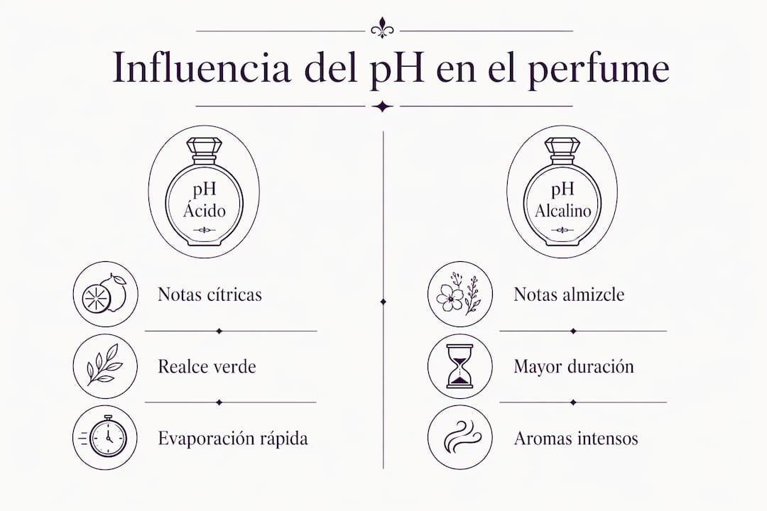 Infografía que muestra cómo influye un pH ácido o alcalino en la duración y el aroma del perfume