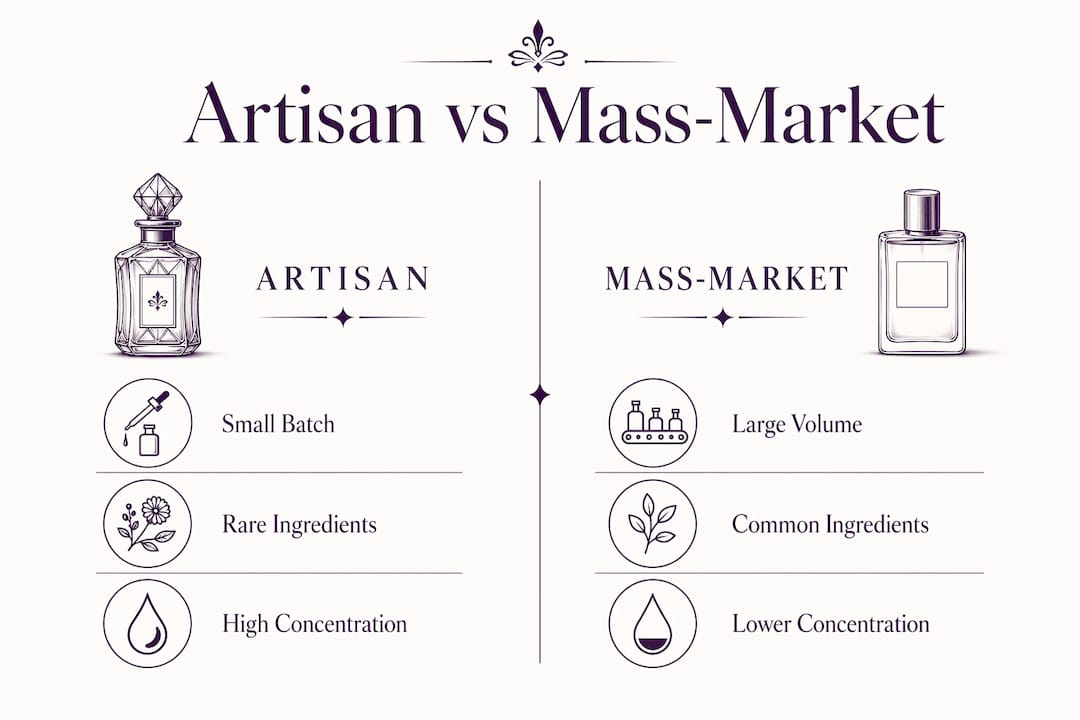 Infographic comparing artisan and mass-market perfumes