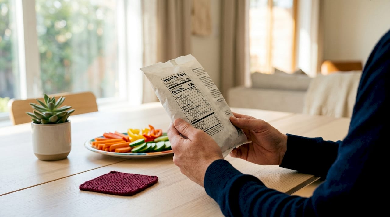 Hands inspecting nutrition facts label on food package