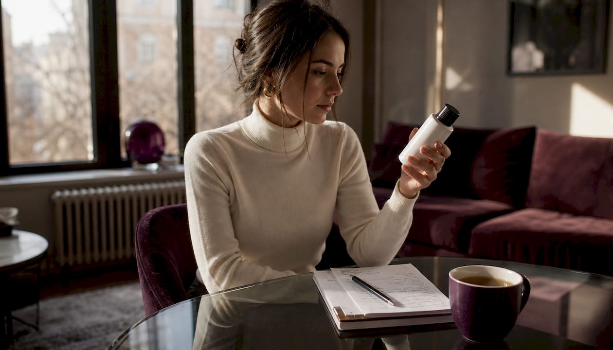 Hands checking fragrance label on smartphone