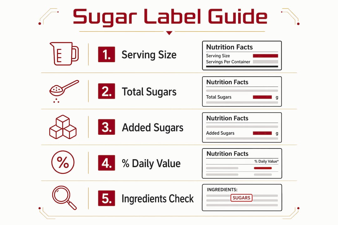 Infographic illustrating steps to read sugar information on syrup labels