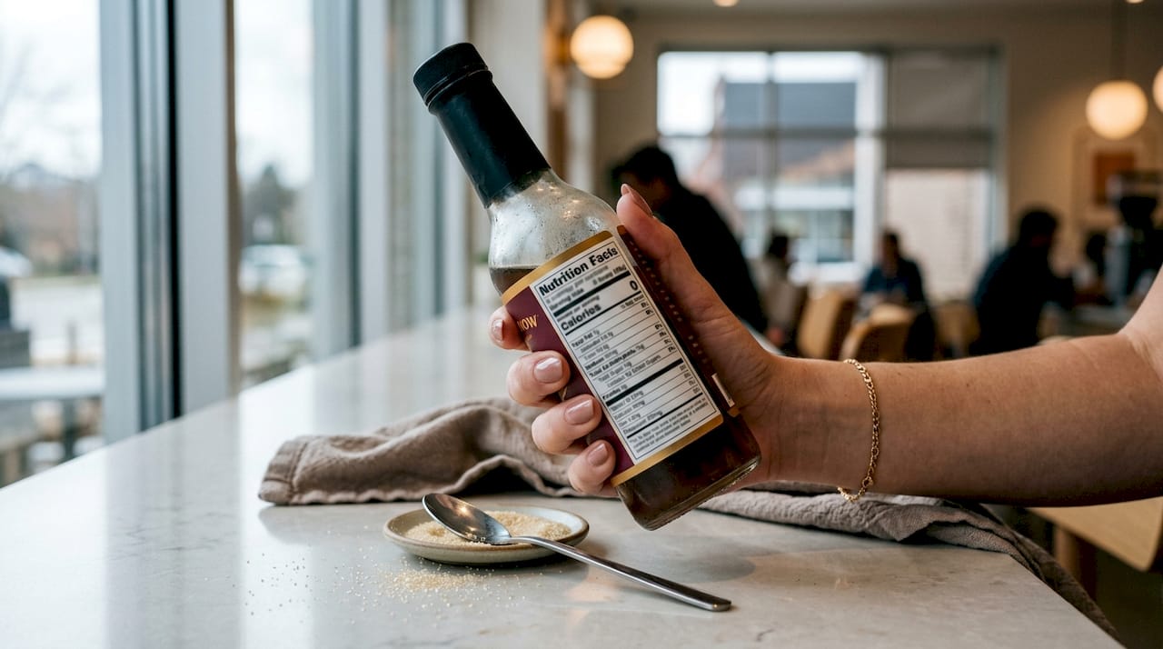 Close-up of hand holding syrup showing nutrition label